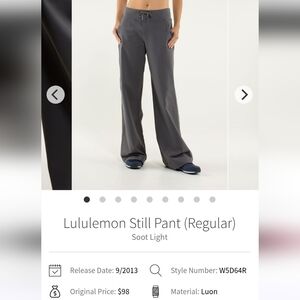 Lululemon Still Pant (Regular) Sz 2 Soot Light